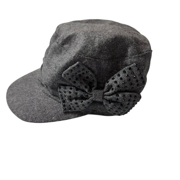 Gray Womens Cap Hat Bow Y2K VTG Wool Cadet Military Sparkle Black Crystals - Picture 1 of 6